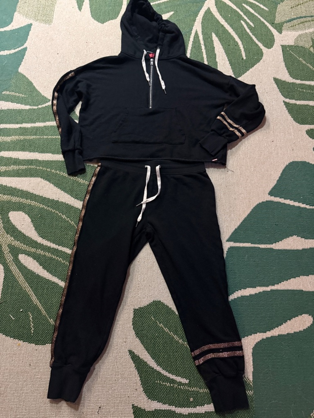 n:PHILANTHROPY Black Hooded Sweat Jumpsuit colored set with Metallic Trim M